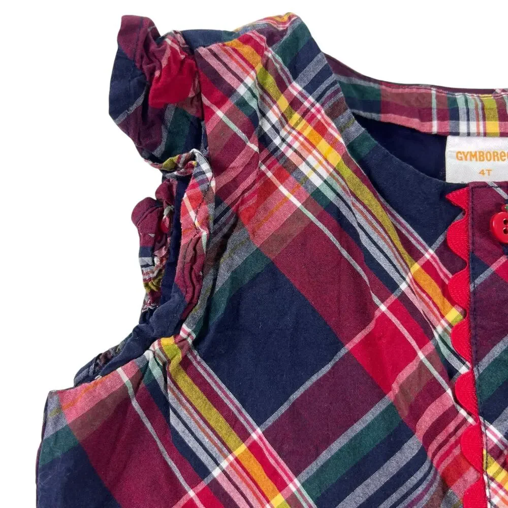 Gymboree Toddler Dress 4T Red Madras Plaid Apple Button Ruffle Cap Sleeve Cotton